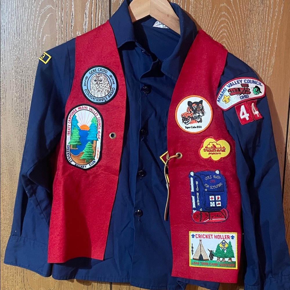 Red Vest with Patches and Blue Boy Scout Shirt